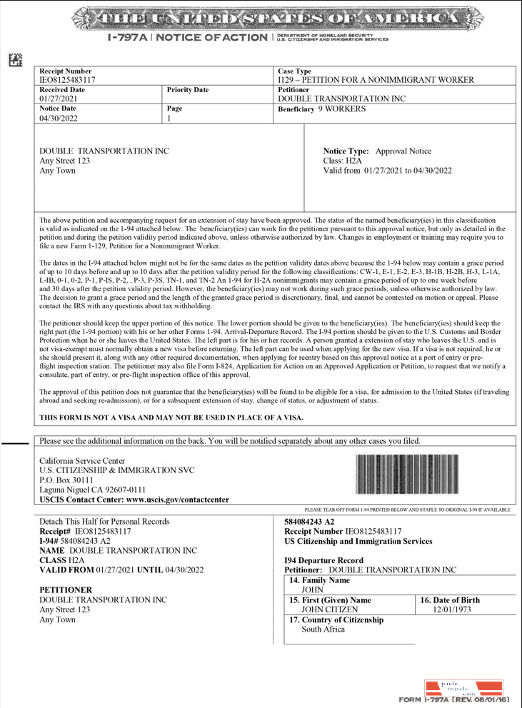 USA Form I 797A, Notice of Action